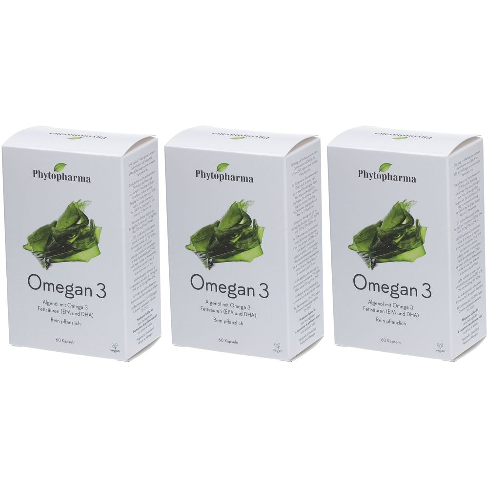 Trois boîtes blanches avec le nom du produit Omegan 3. Chaque boîte présente une image verte et la marque Phytopharma.