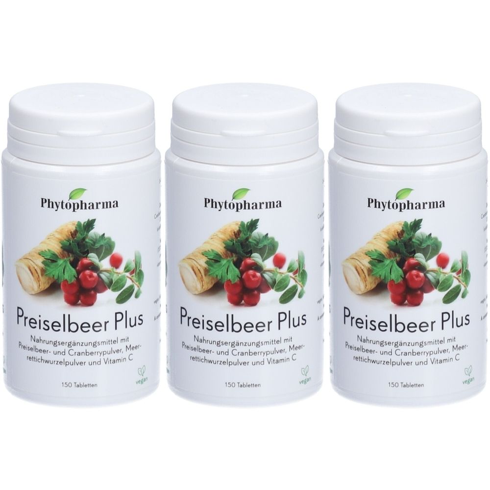 Trois flacons blancs avec l'étiquette "Phytopharma Preiselbeer Plus". L'étiquette montre des airelles et du raifort.