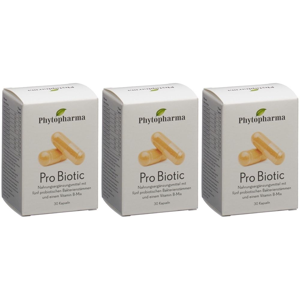 Trois boîtes de gélules. Chaque boîte porte l'inscription "Phytopharma Pro Biotic". Les gélules sont brun clair et sont devant les boîtes.