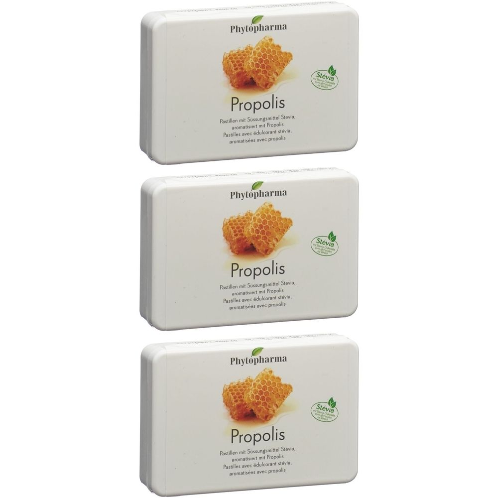Trois boîtes blanches avec impression Propolis et illustration de rayons de miel. Logo Stevia à droite.