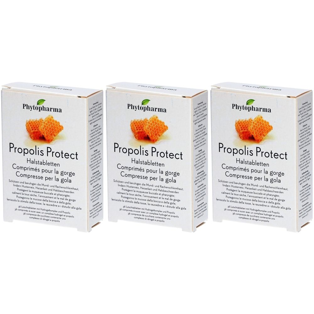 Trois boîtes de "Propolis Protect Halstabletten". Chaque boîte affiche le logo Phytopharma et une image de rayons de miel.