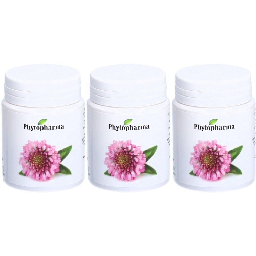 Trois flacons blancs avec couvercles. Chaque flacon porte une image de fleur de trèfle rose et le texte "Phytopharma".