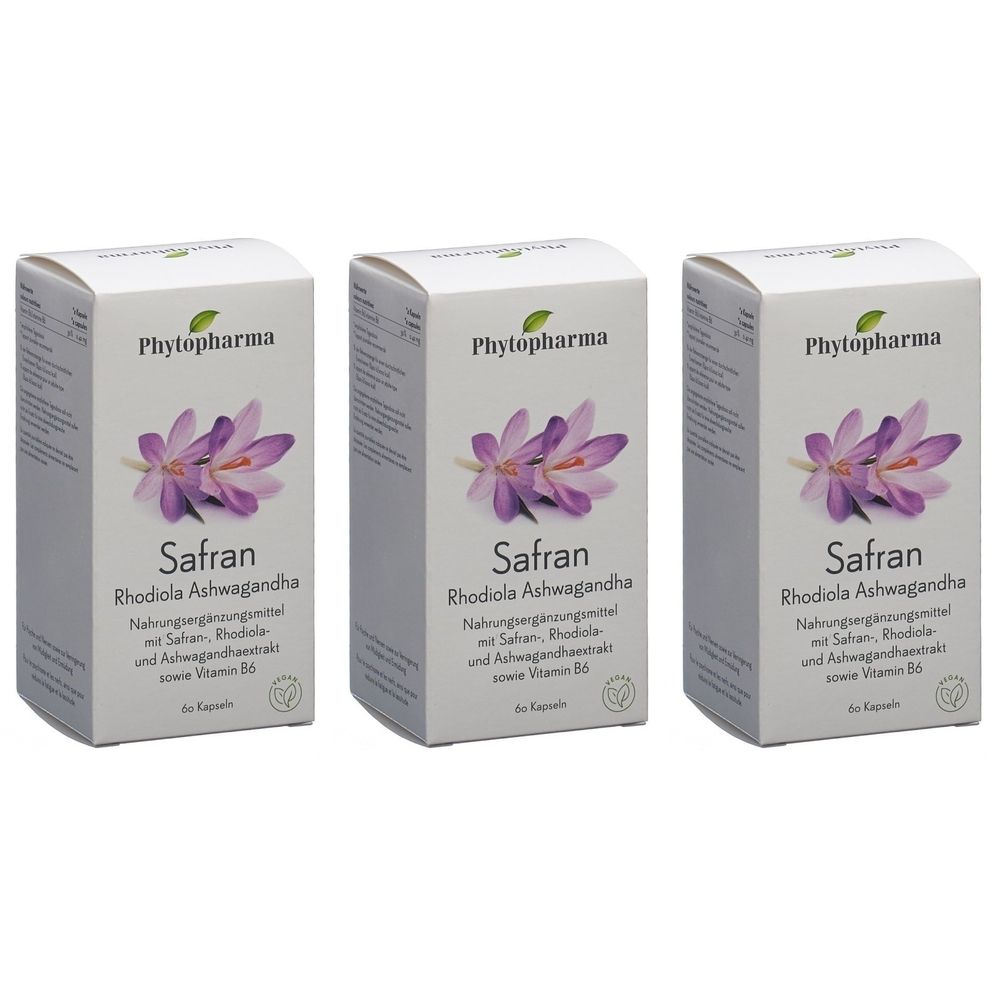 Trois boîtes de PHYTOPHARMA Safran. Sur chaque boîte : nom du produit, fleur violette, logo et texte. Complément alimentaire avec safran, rhodiola et ashwagandha.