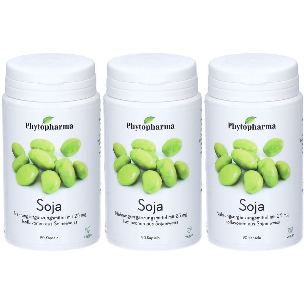 Trois flacons blancs avec le nom du produit Soja. Le logo Phytopharma et une illustration de graines de soja sont visibles sur chaque flacon.