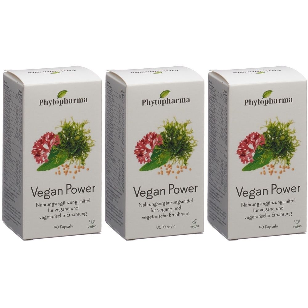 Trois boîtes de complément alimentaire "Vegan Power". Marque Phytopharma, illustration, texte en allemand. Contient 90 gélules.
