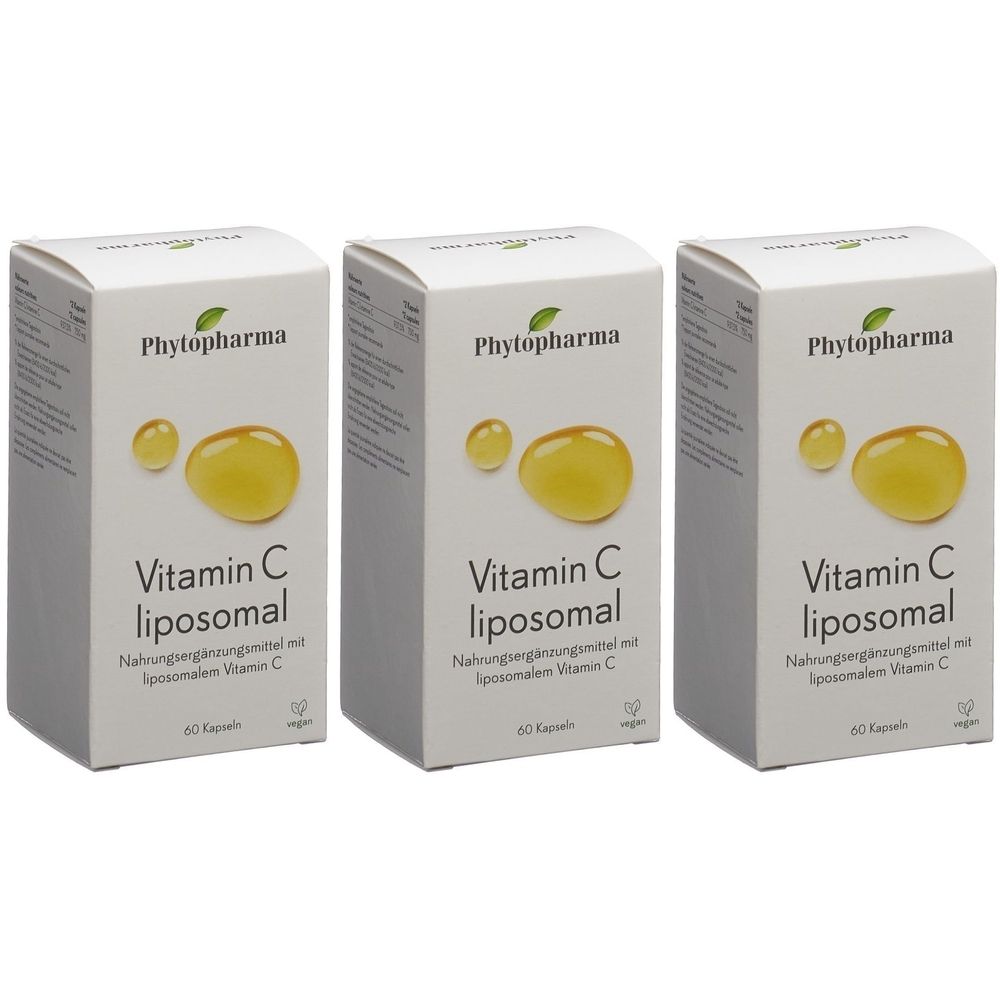 Trois boîtes blanches avec l'inscription Phytopharma, Vitamin C liposomal. Des gouttes jaunes sont représentées sur les boîtes.