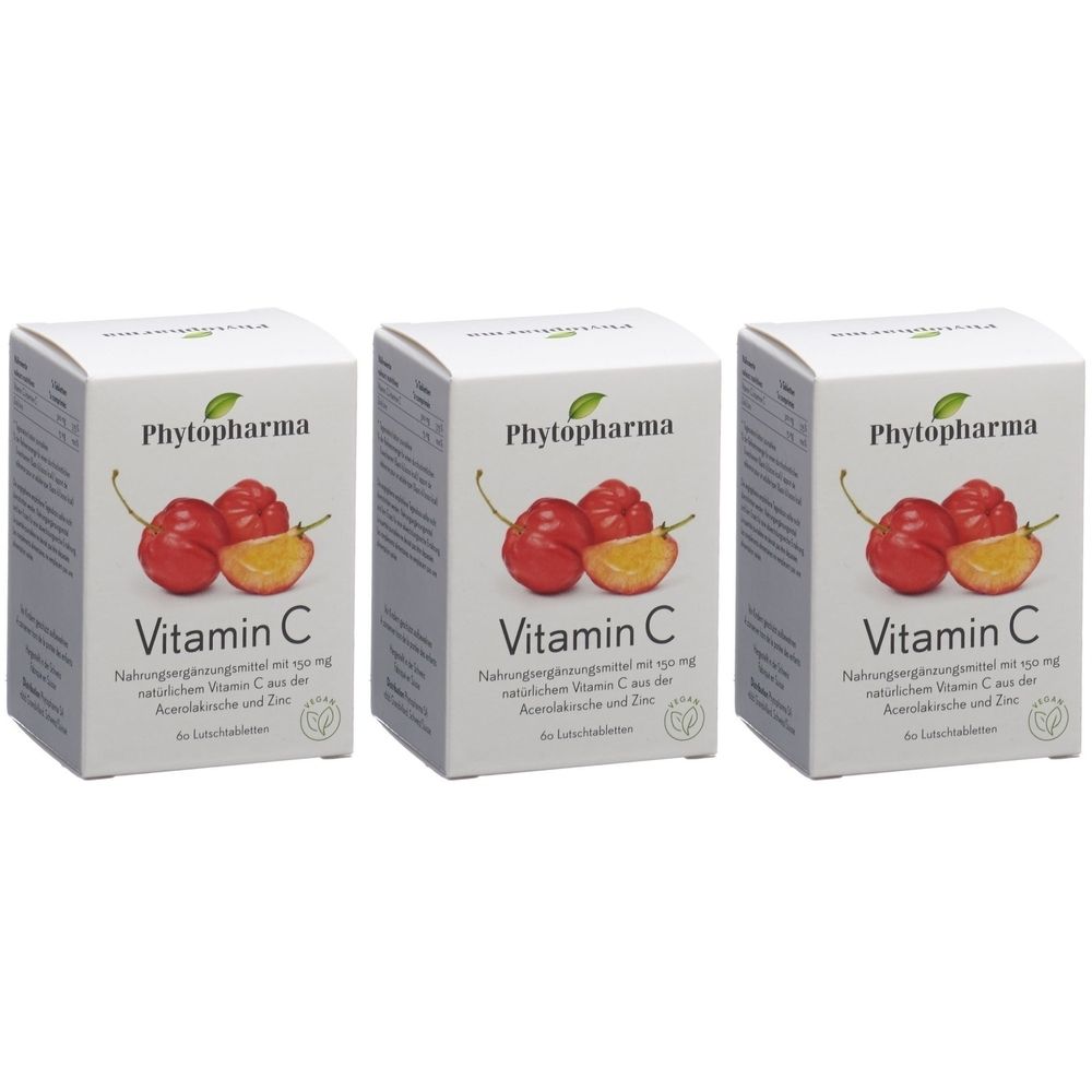 Trois boîtes blanches avec illustration et texte Vitamin C. Marque Phytopharma.