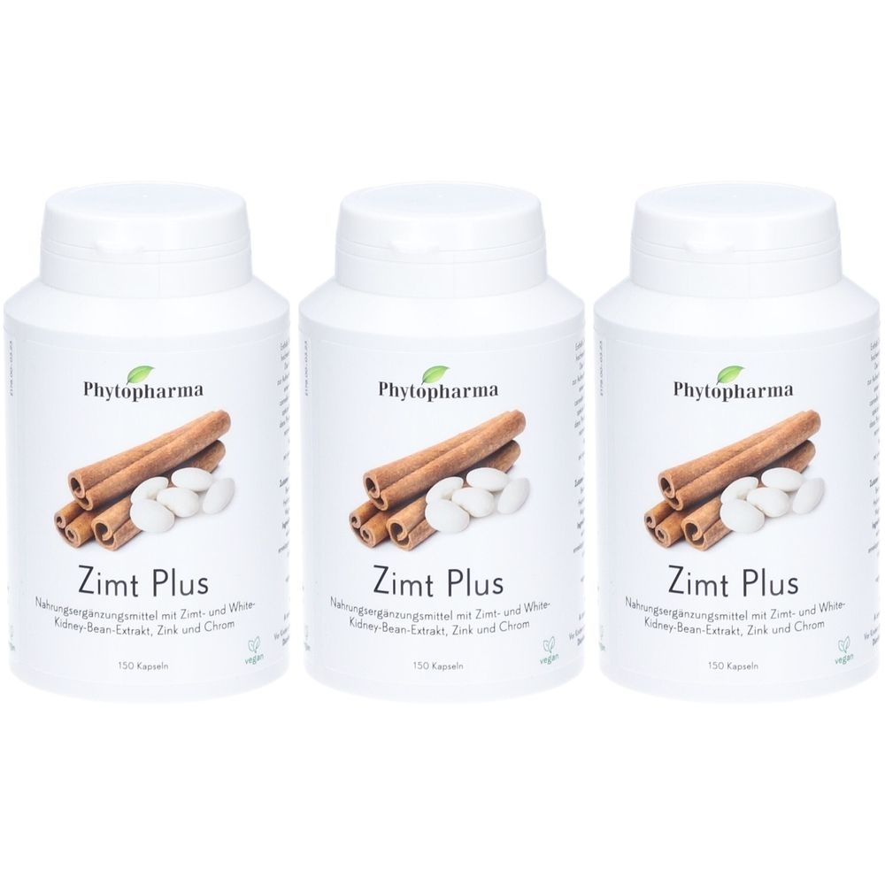Trois flacons blancs avec étiquette Zimt Plus. Représentation de bâtons de cannelle et de haricots blancs. Marque : Phytopharma.