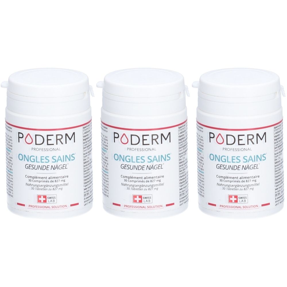 Trois flacons blancs PODERM. Inscription: Ongles Sains, Gesunde Nägel. Croix suisse.
