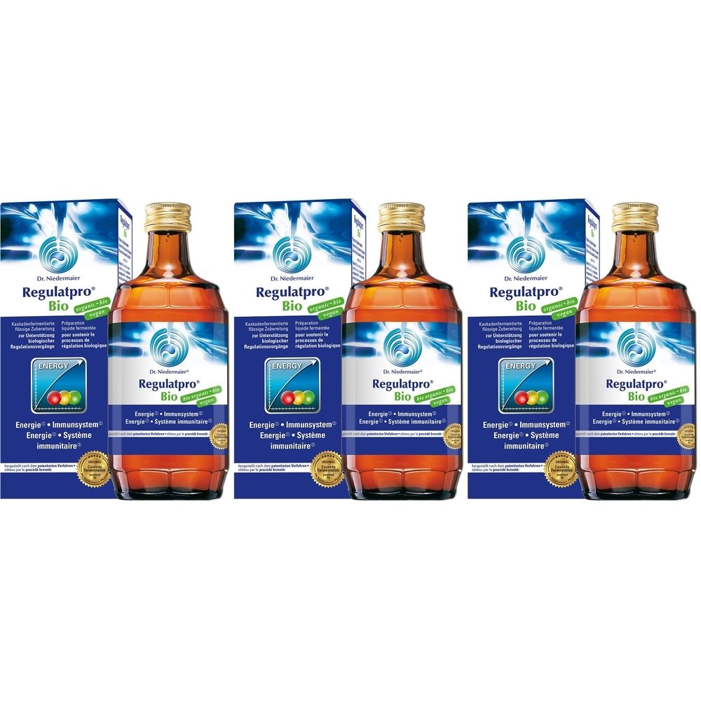 Plusieurs bouteilles et boîtes avec l'inscription "Regulatpro Bio". Bouteilles contenant un liquide brun, bouchons dorés.