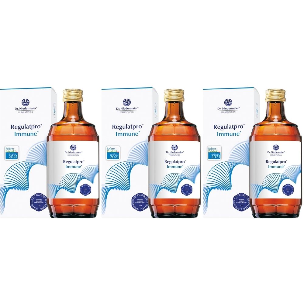 Plusieurs bouteilles et boîtes avec l'inscription "Regulatpro Immune". Bouteilles marron, boîtes blanches avec graphisme bleu.