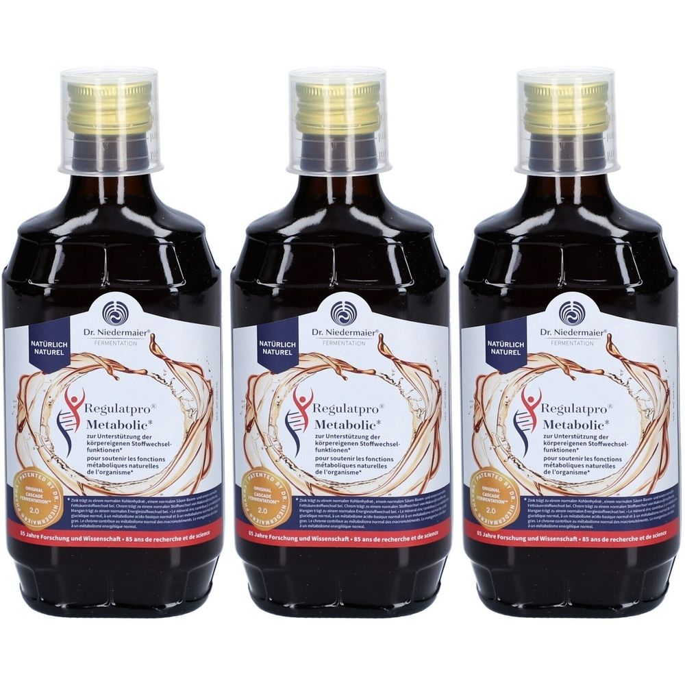 Trois flacons bruns avec des bouchons dorés. Les étiquettes indiquent "Regulatpro Metabolic" et "Dr. Niedermaier".