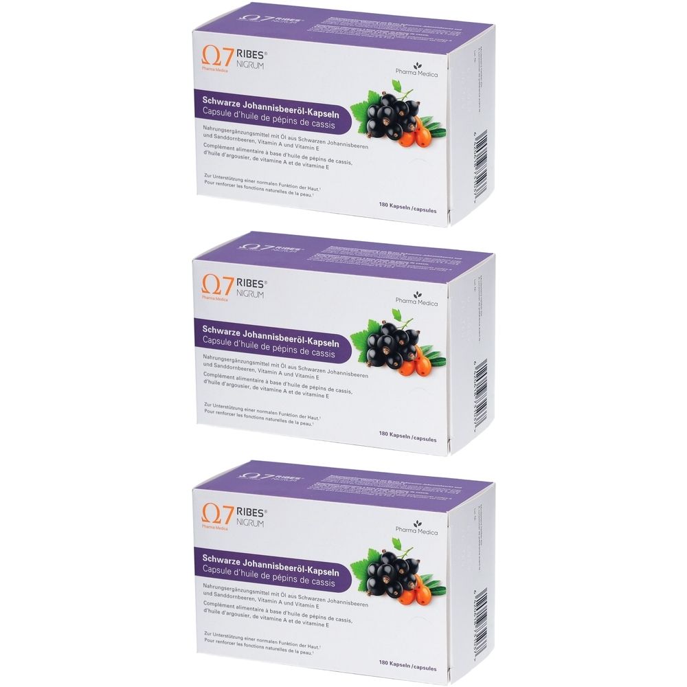 Trois boîtes blanches avec couvercle violet. Inscription: Capsules de cassis. Illustration de cassis et d'argousier.