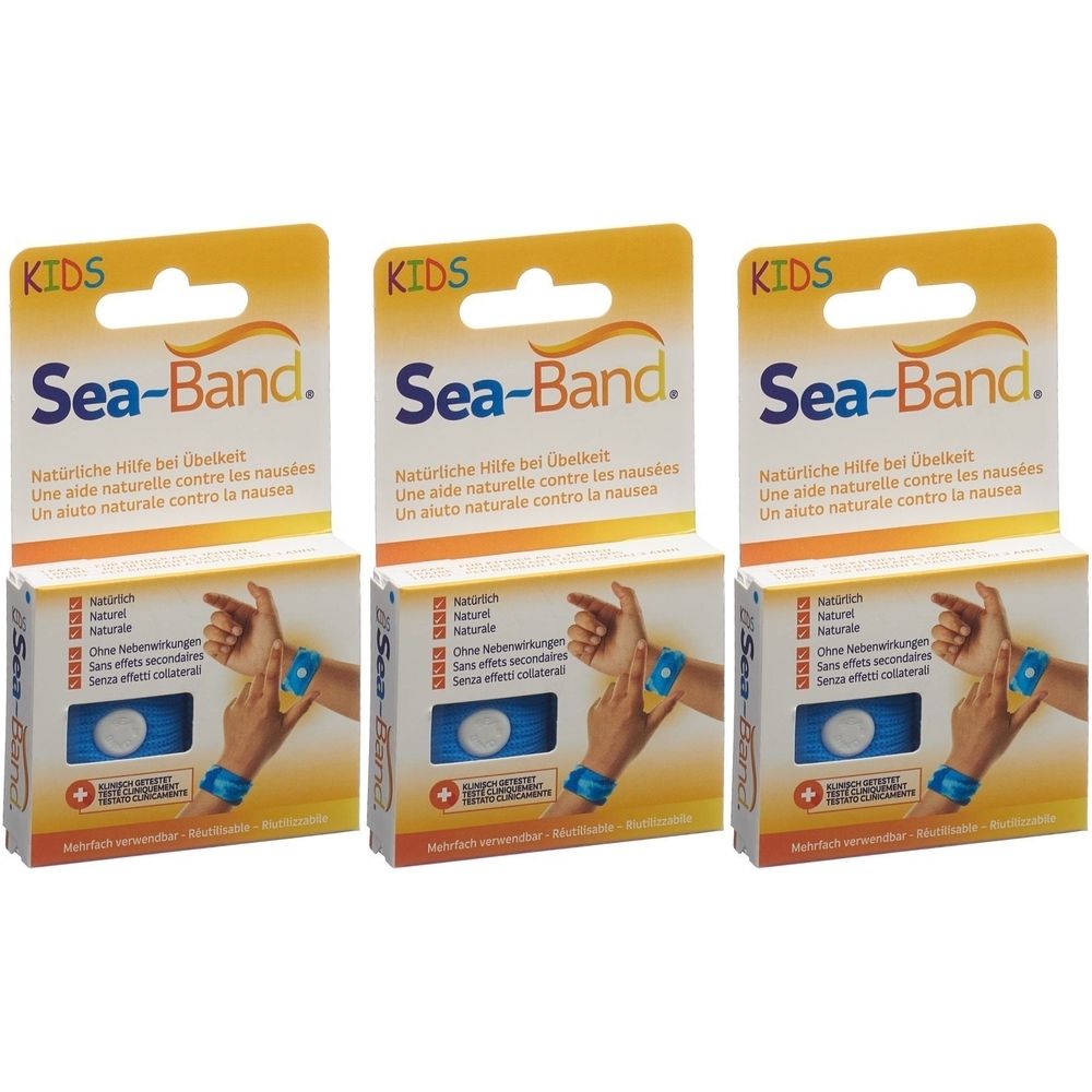 Trois boîtes de Sea-Band pour enfants. Emballage jaune avec image et texte. Bracelets bleus.