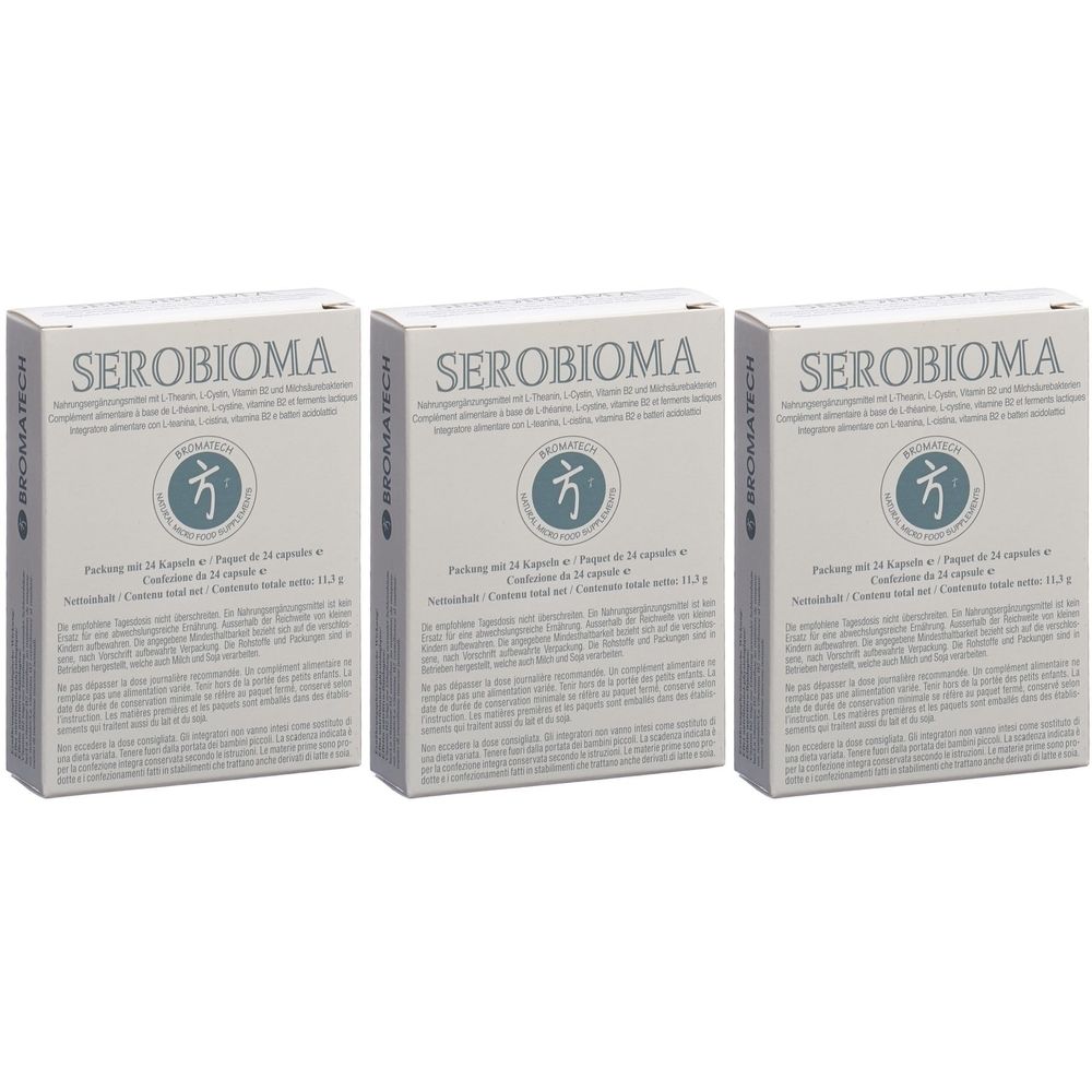 Trois boîtes de Serobioma. Inscription Serobioma, logo, texte. Emballage de 24 gélules. Marque Bromatech.