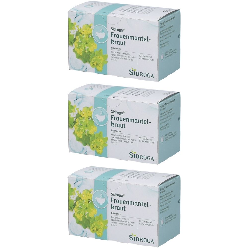 Trois boîtes de Sidroga Frauenmantelkraut. Emballage blanc avec des accents bleu-vert et informations sur le produit. Logo SIDROGA en bas.