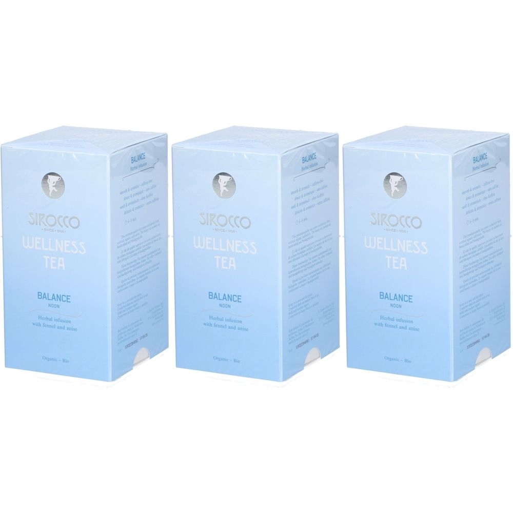Trois boîtes bleu clair avec l'inscription "Sirocco Wellness Tea Balance". Logo avec une figure. Texte sur les côtés.