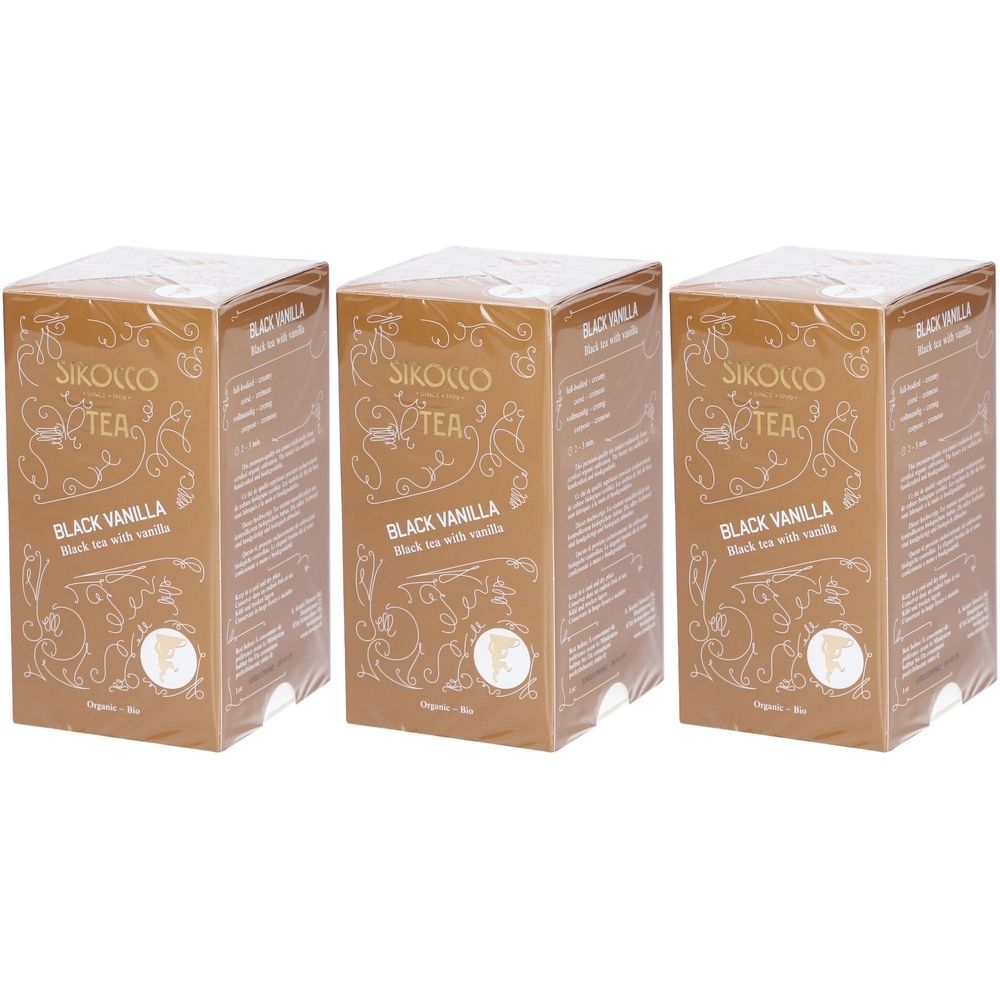 Trois boîtes de thé. Inscription : Schirokko Tea, Black Vanilla. Emballage doré avec éléments floraux.