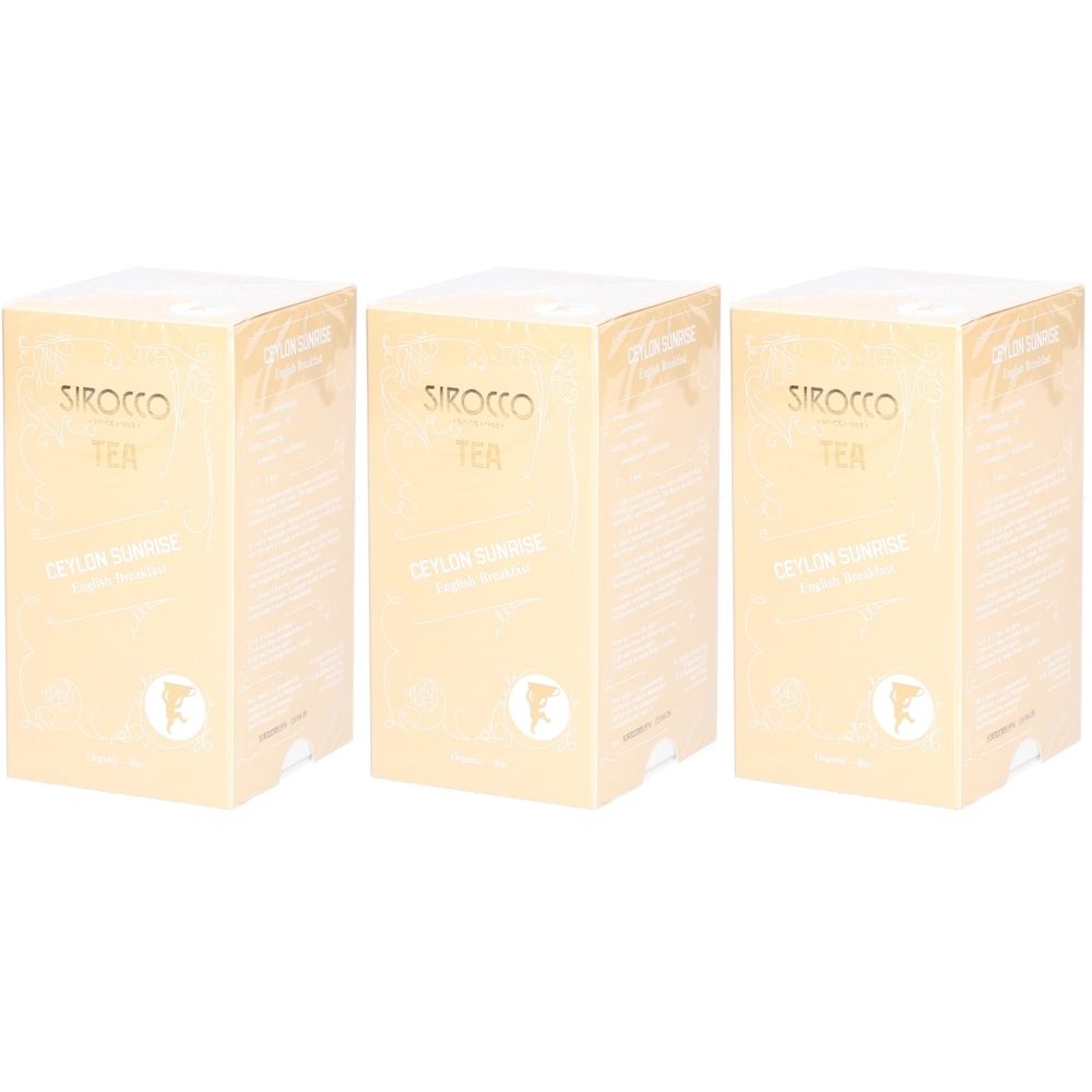 Trois boîtes de thé Sirocco Ceylon Sunrise. Inscriptions dorées sur fond beige.