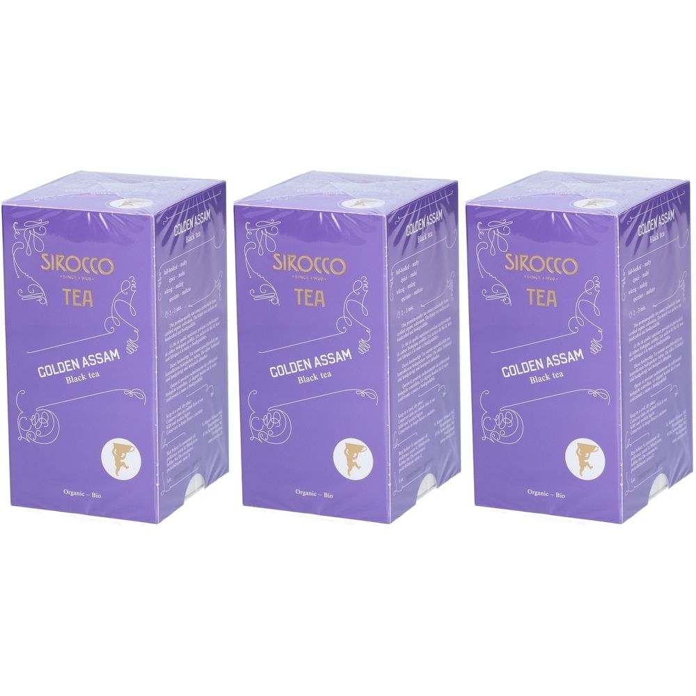 Trois boîtes violettes "Sirocco Tea Golden Assam". Inscription "Black tea".