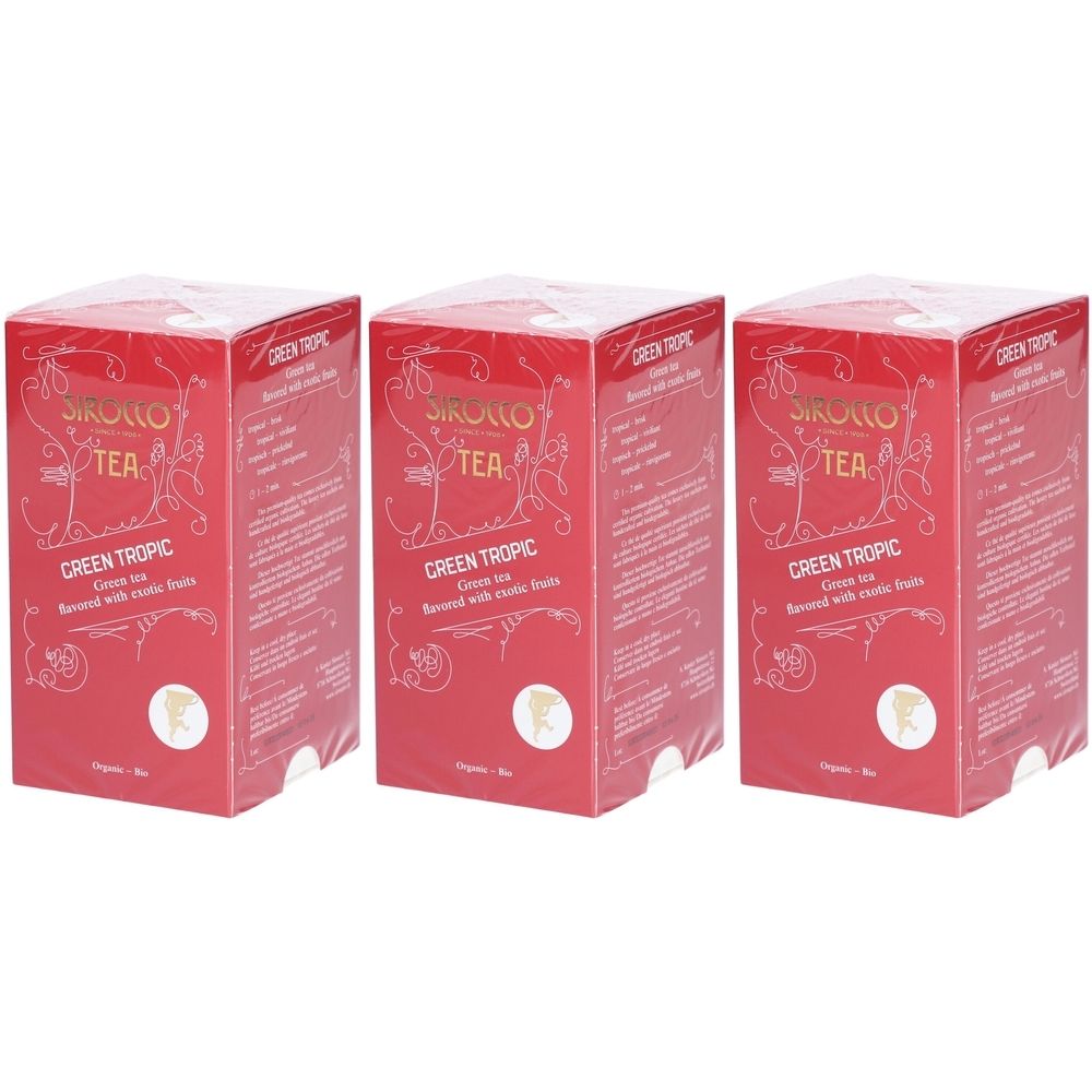 Trois boîtes rouges « Sirocco Tea Green Tropic ». Texte et logo blancs. Emballé dans du film plastique.