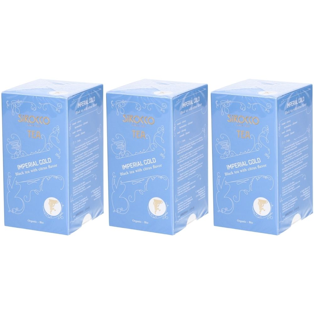 Trois boîtes bleues avec texte. Inscription : Sirocco Tea, Imperial Gold, thé noir arôme agrumes. Logo avec éléphant.