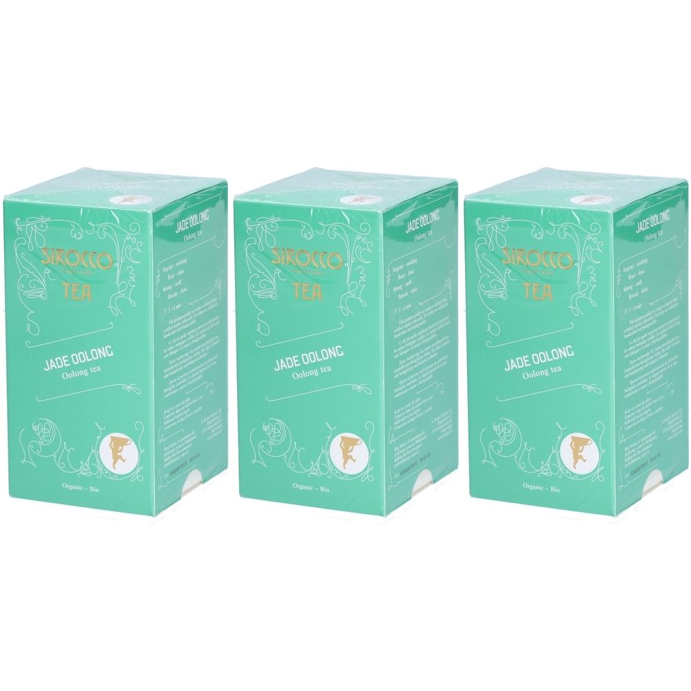 Trois boîtes vertes. Inscription : Sirocco Tea, Jade Oolong. Logo avec personnage. Emballage avec éléments floraux.