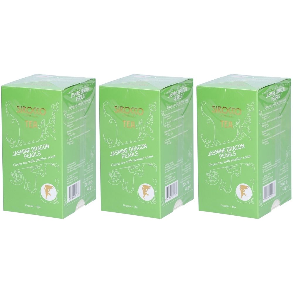 Trois boîtes vertes avec l'inscription "Jasmine Dragon Pearls". Écriture et logo dorés. Emballage de thé.