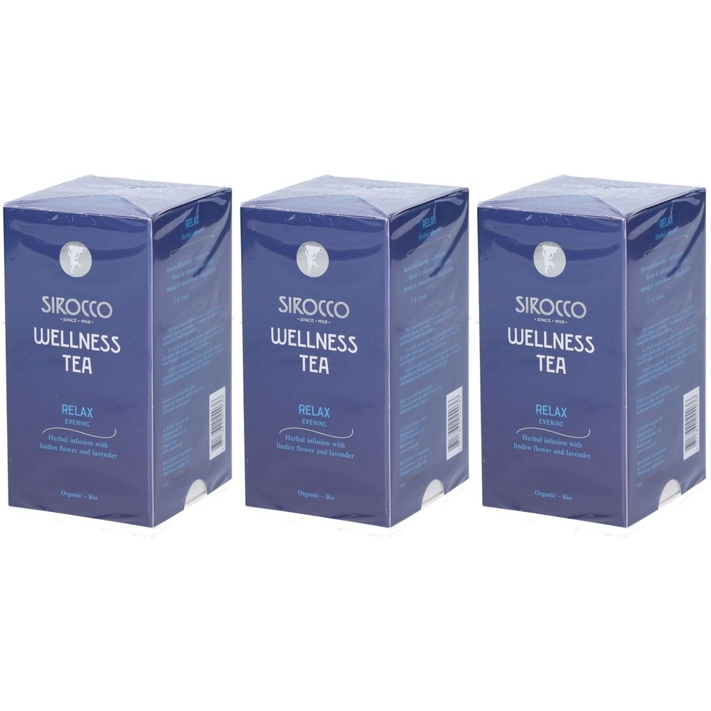 Trois boîtes bleues "Sirocco Wellness Tea". Inscription "Relax" et logo. Certification biologique.