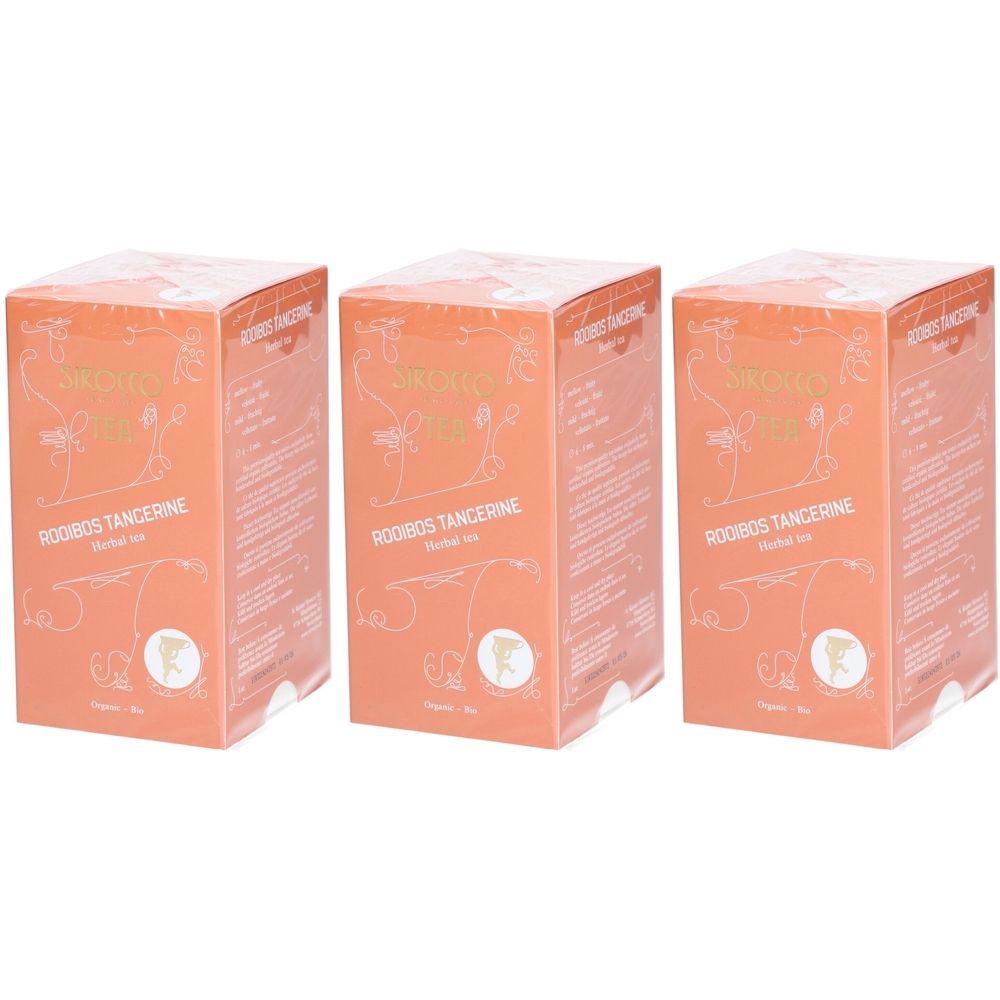 Trois boîtes oranges. Inscription: Sirocco Rooibos Tangerine. Décor floral et logo. Thé aux herbes.