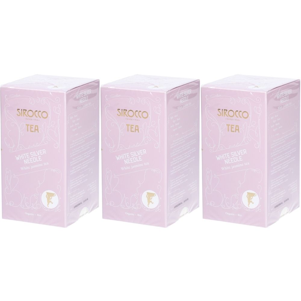 Trois boîtes roses rectangulaires. Inscription : Sirocco Tea, White Silver Needle. Logo en bas. Emballage.