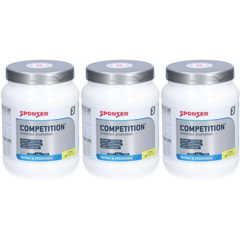 Trois contenants blancs avec couvercles argentés. Inscription SPONSER COMPETITION, étiquette bleu-jaune. Boisson sportive hypotonique.