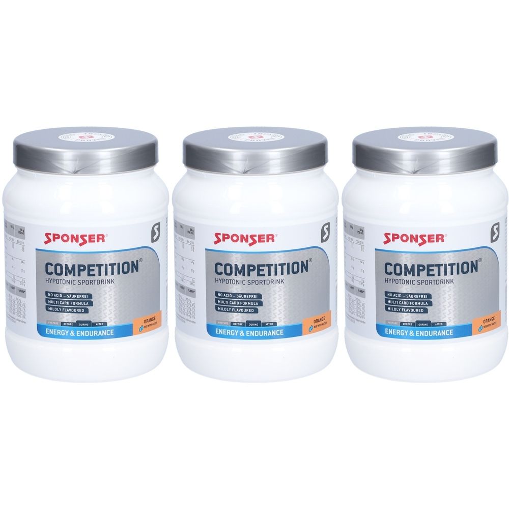Trois contenants blancs avec couvercles argentés. Inscription: SPONSER COMPETITION, Énergie & Endurance. Boisson sportive hypotonique.