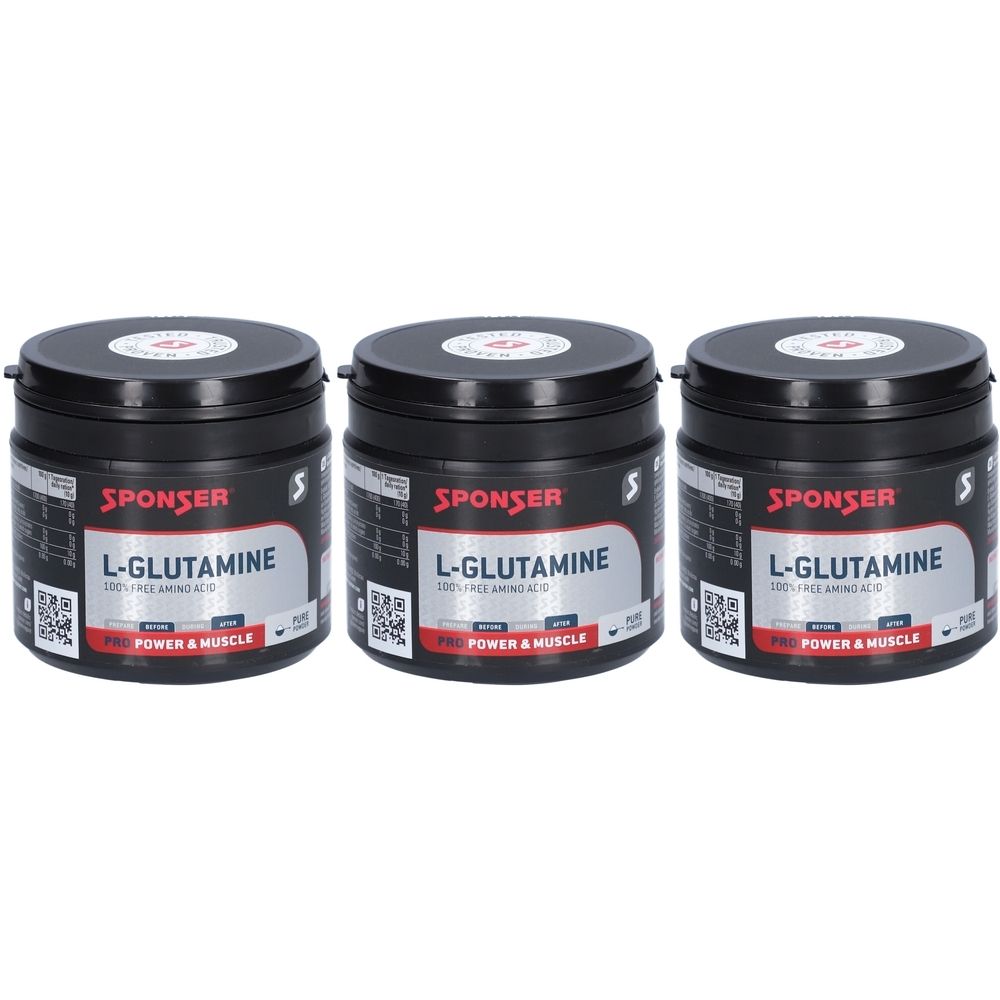 Trois boîtes noires avec couvercles. Sur chaque boîte, le mot "SPONSER" et "L-GLUTAMINE" sont visibles. Texte : "POWER & MUSCLE".