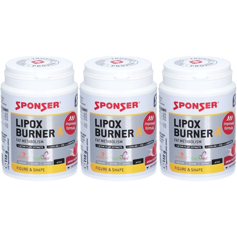 Trois pots blancs avec des inscriptions rouges et jaunes. Inscription : SPONSER LIPOX BURNER, Fat Metabolism, Figure & Shape.