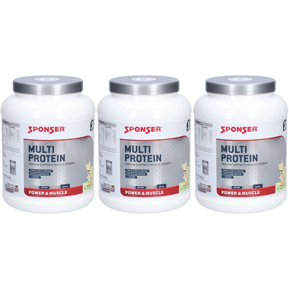 Trois pots blancs avec couvercles argentés. Inscription : SPONSER, MULTI PROTEIN, POWER & MUSCLE. Produit pour la croissance musculaire.