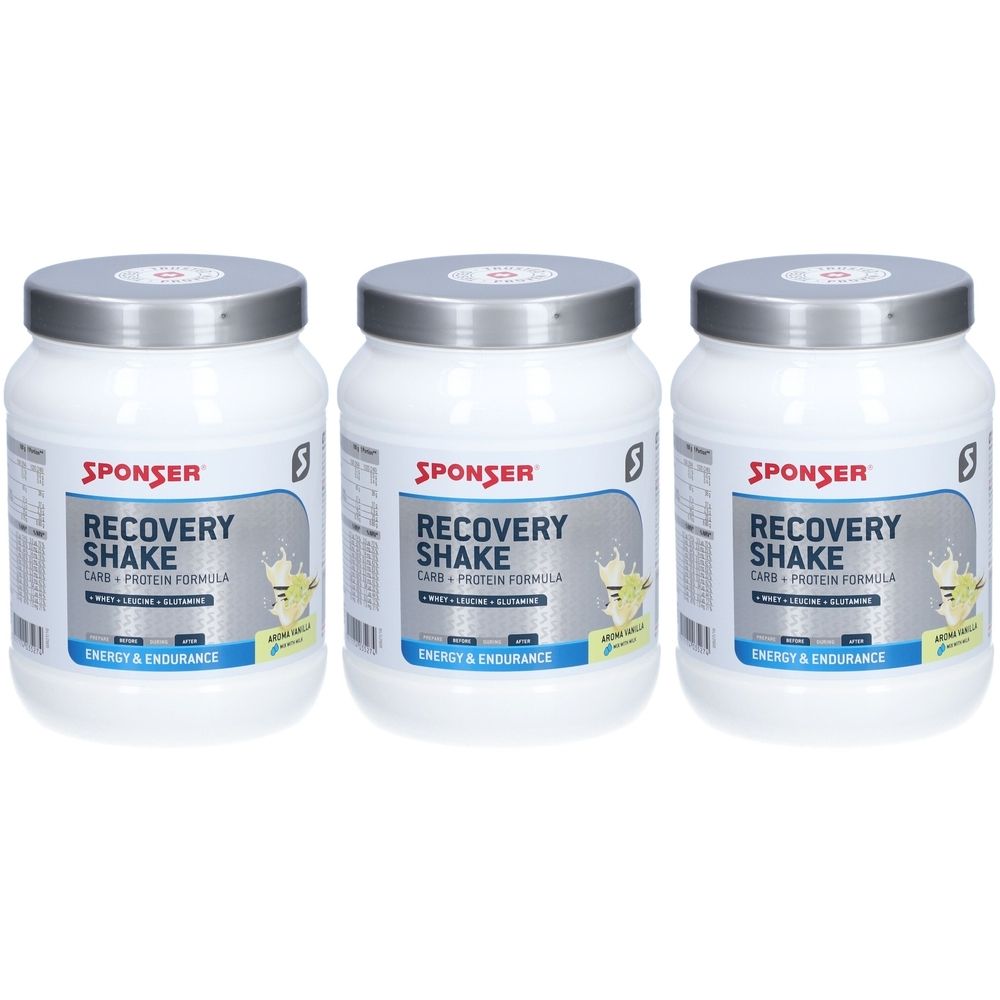 Trois pots blancs avec des couvercles argentés. Chaque pot porte l'inscription "SPONSER RECOVERY SHAKE". Texte bleu et gris.