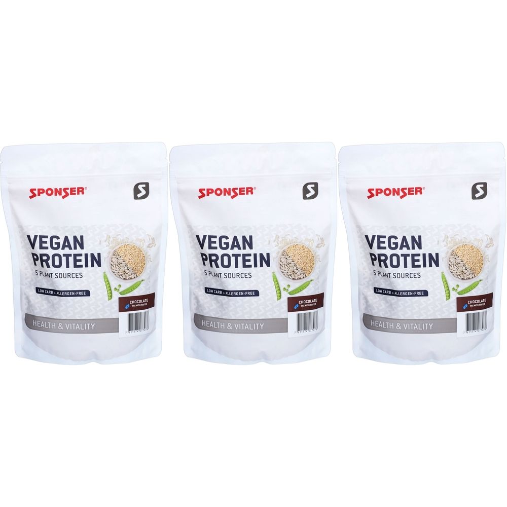 Trois sachets de SPONSER Vegan Protein. Sachets blancs avec impression. Inscription : Vegan Protein, 5 sources végétales, sans gluten, Santé & Vitalité.
