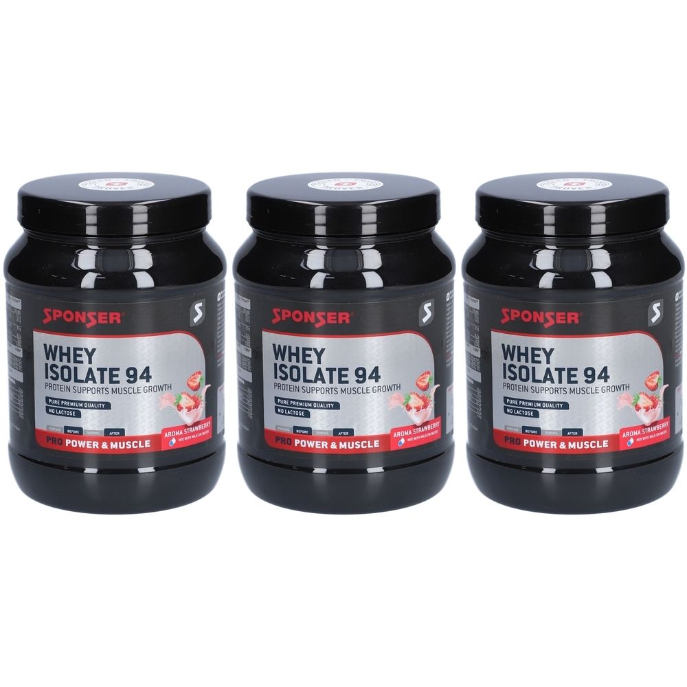 Trois boîtes noires avec l'inscription "SPONSER WHEY ISOLATE 94". Inscription : La protéine favorise la croissance musculaire. Autocollant rouge.