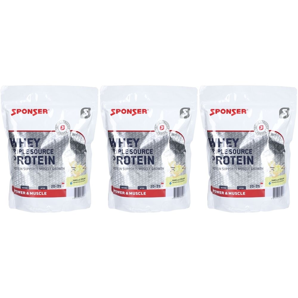 Trois sachets de protéine de lactosérum Sponser. Emballage blanc avec nom du produit et logo. Inscription : Power & Muscle.