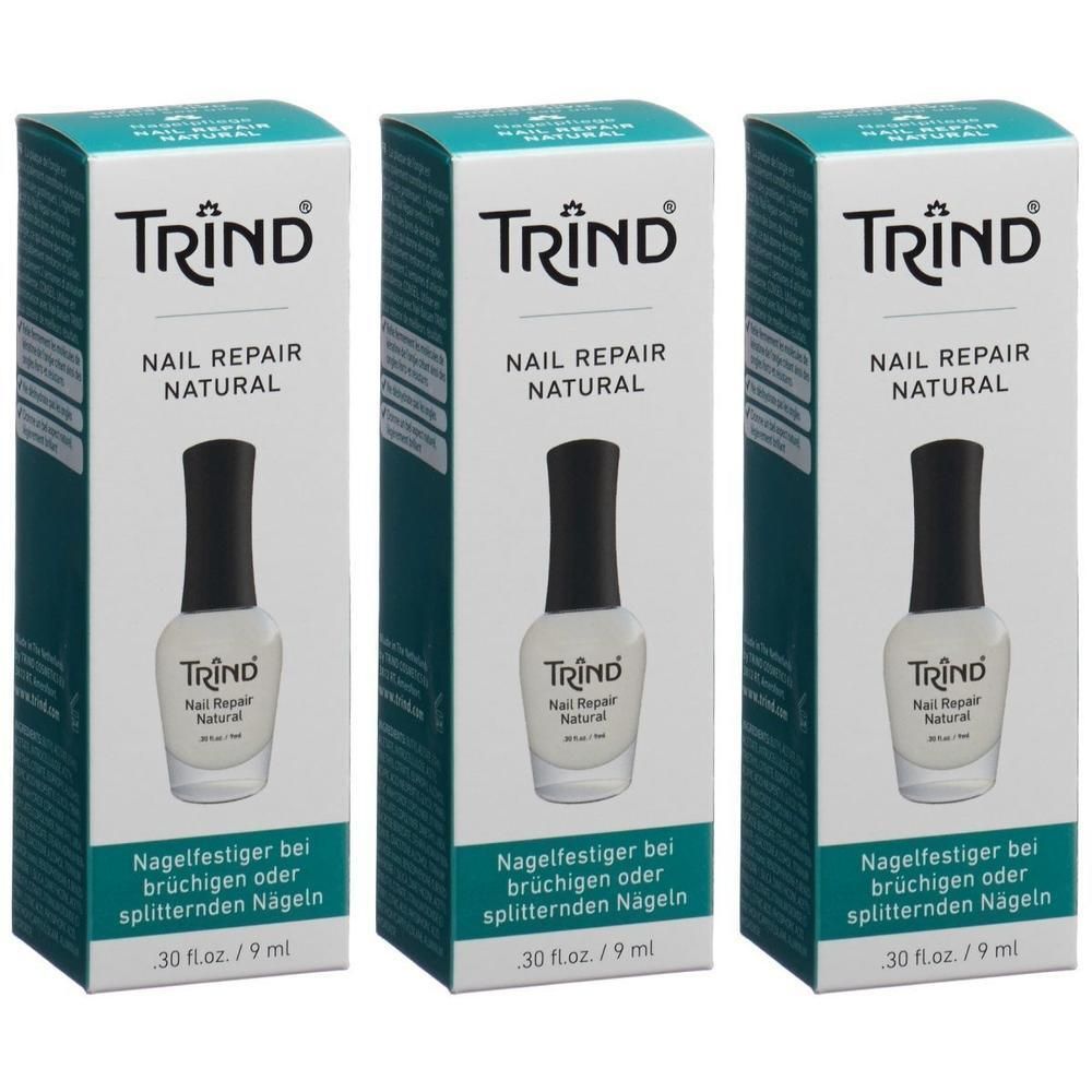 Trois boîtes de vernis TRIND Nail Repair Natural. Chaque boîte présente une bouteille de vernis.