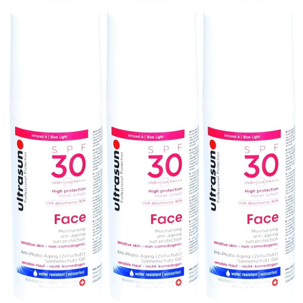 Trois flacons blancs avec des inscriptions rouges et noires. Chaque flacon porte l'inscription "SPF 30 Face" et "ultrasun".