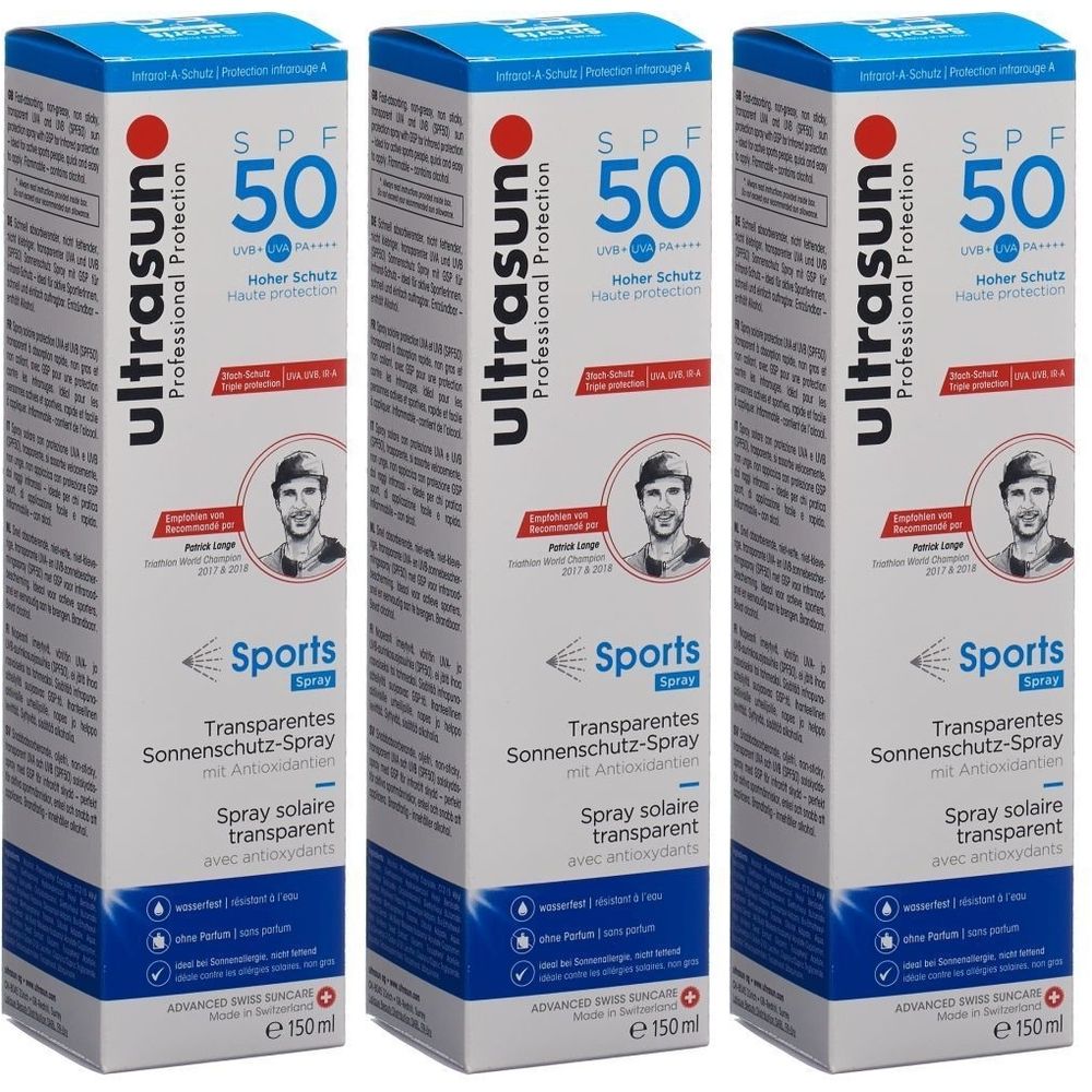 Trois boîtes de ULTRASUN Sport-Spray SPF 50. Emballage blanc avec texte bleu et rouge. Contient un spray solaire transparent.