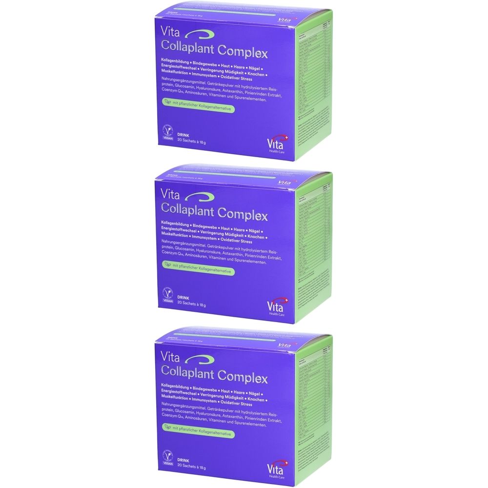 Trois boîtes violettes avec "Vita Collaplant Complex". Zones de texte verdâtres sur le côté. Logo "Vita".