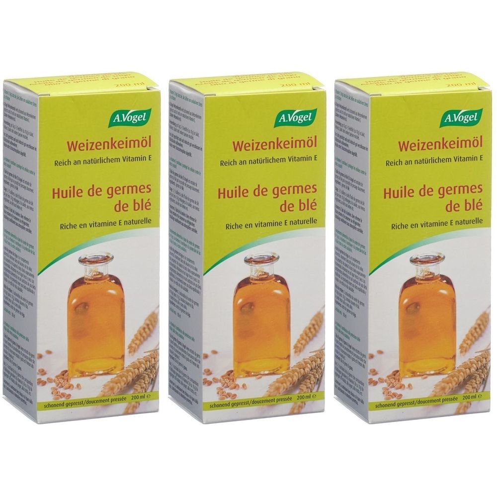 Trois boîtes de A. Vogel Huile de germes de blé. Chaque boîte montre une bouteille d'huile et du texte en allemand et en français.