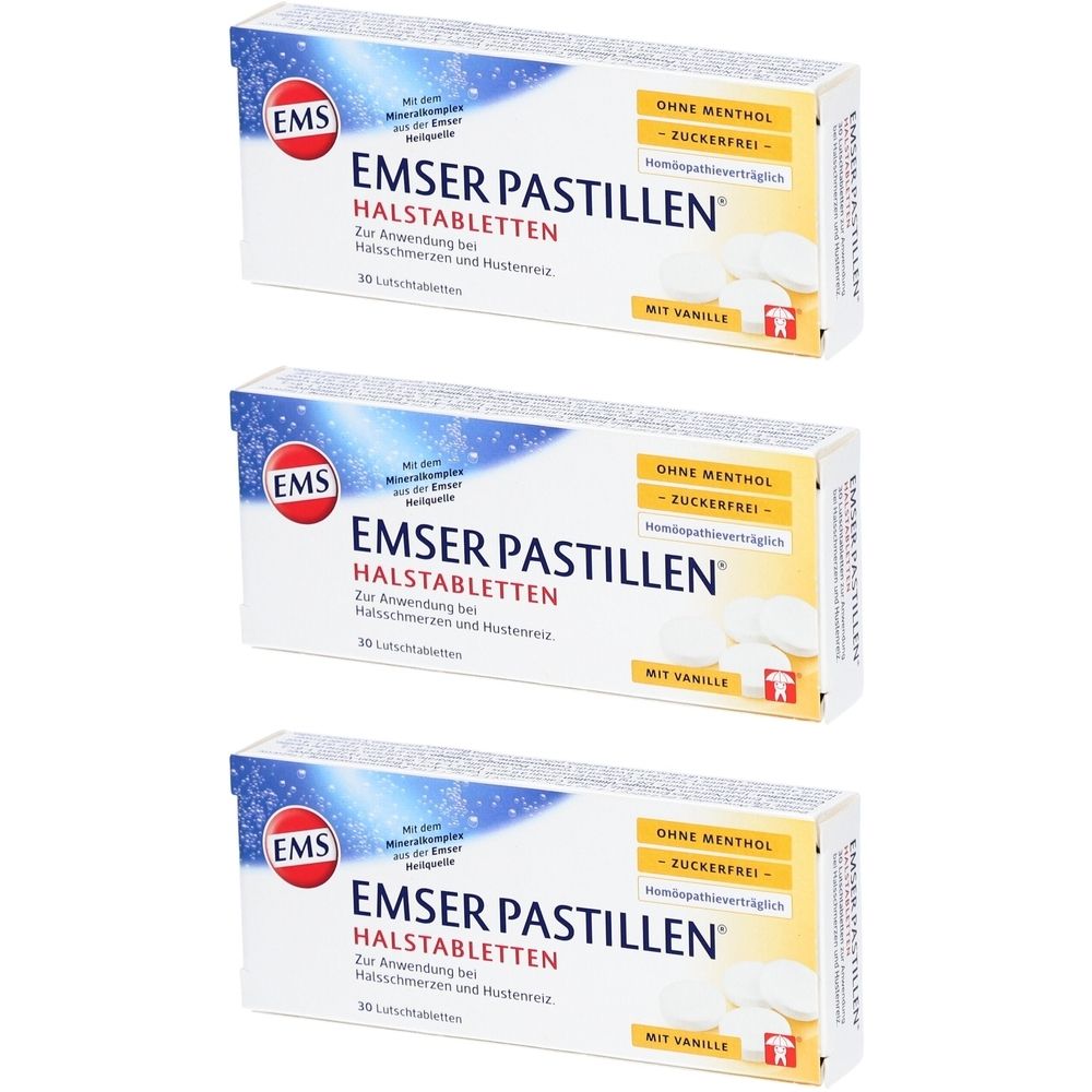Trois boîtes de pastilles Emser. Inscription : Sans menthol, sans sucre, à la vanille. 30 pastilles.
