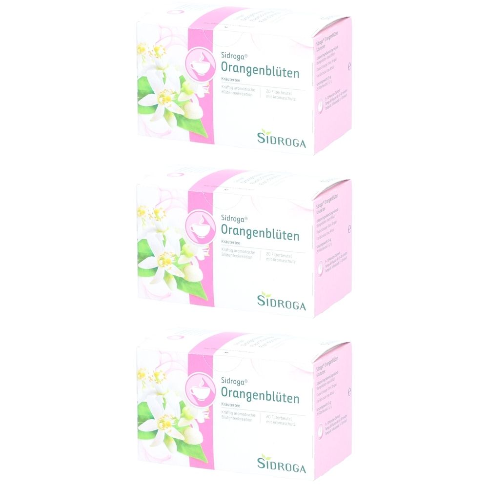 Trois boîtes de SIDROGA Orangenblüten. Boîtes blanches avec des accents roses et un motif floral. Texte : SIDROGA, Orangenblüten.