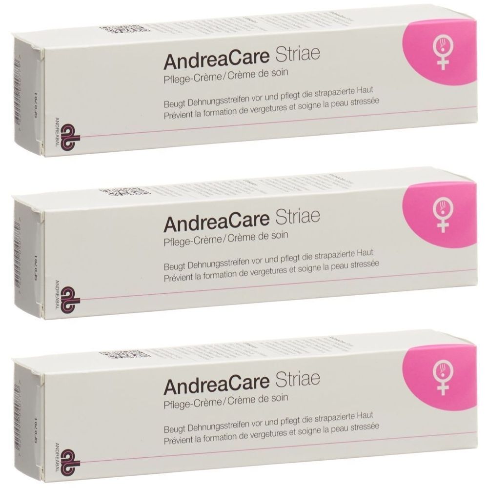 Trois boîtes blanches avec texte. Marque: AndreaCare Striae, Pflege-Crème. Logo rose avec symbole féminin.
