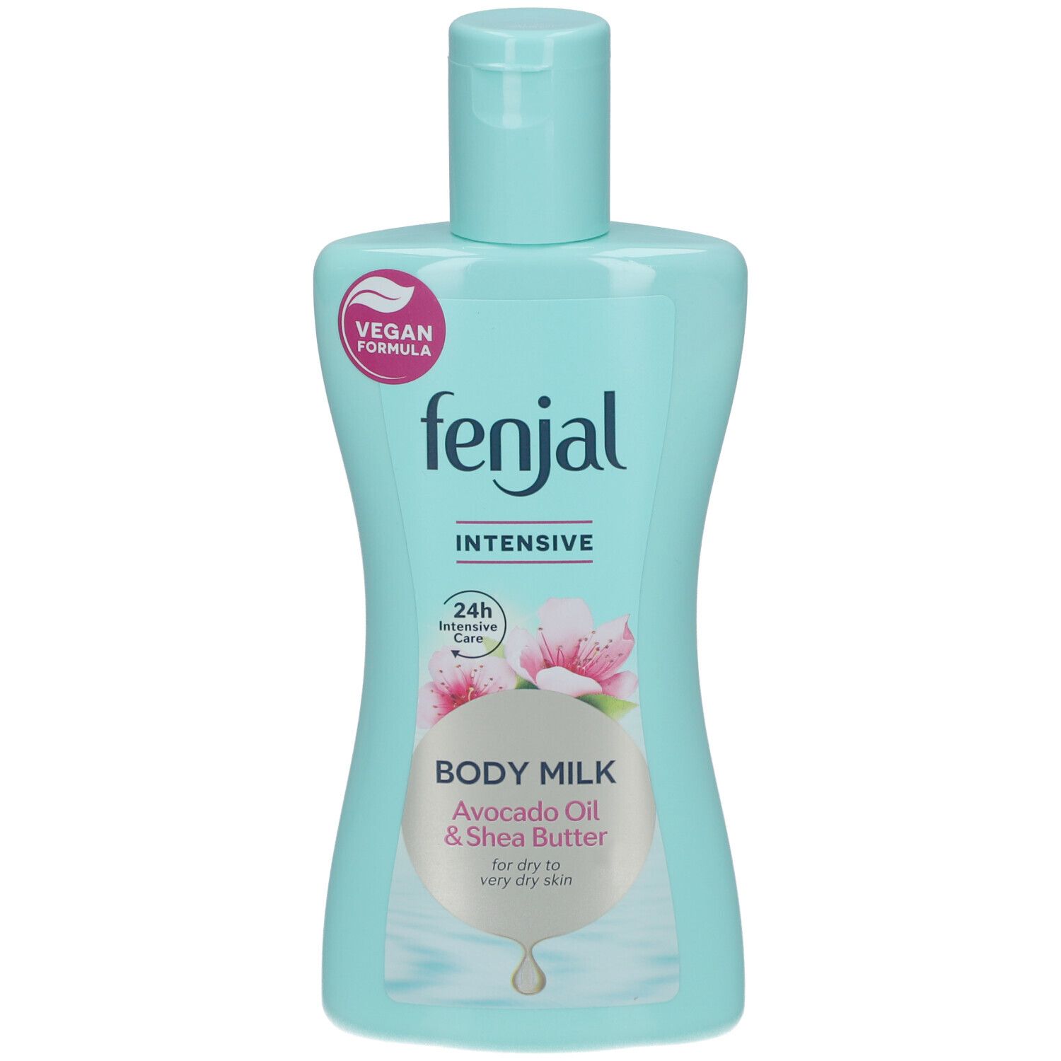 Flacon bleu clair avec étiquette blanche. Inscription : "fenjal Intensive Body Milk". Logo végan. Huile d'avocat et beurre de karité.