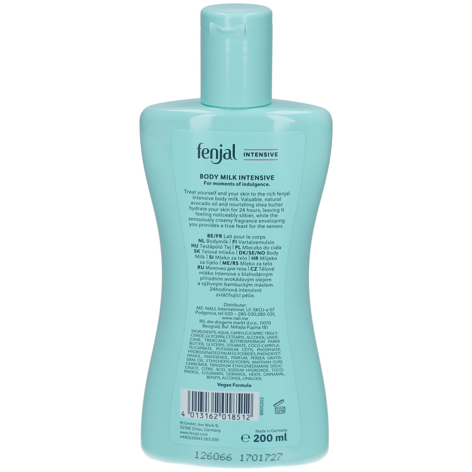 Dos du flacon bleu clair. Inscription : "fenjal Intensive Body Milk". Texte multilingue. Logo végan. 200 ml.